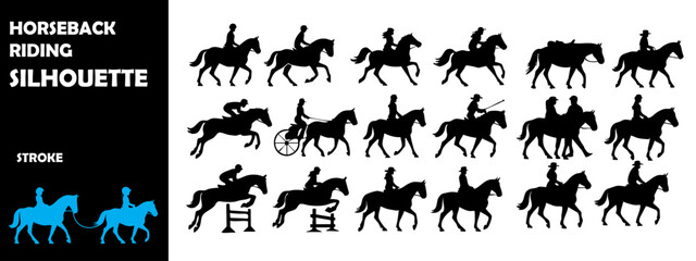 Horseback Riding Silhouette Vector Set – Equestrian Sports, Horse Rider, and Galloping Poses