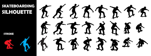 Naklejka premium Skateboarding Silhouette Vector Set – Urban Sport, Skater Tricks, and Extreme Moves