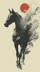 Obraz premium A black horse in motion, surrounded by swirling smoke against a backdrop with a red sun.