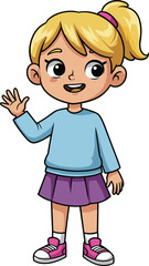 Cartoon happy blonde girl waving hand, smiling child character illustration, cute little girl in colorful clothes, isolated on white background for kids design