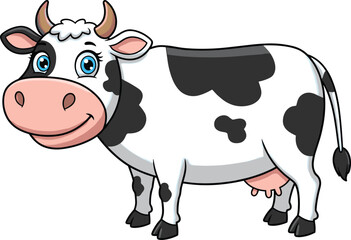 Cute cartoon cow illustration, happy dairy farm animal, black and white cow with blue eyes, smiling face, milk production, livestock vector for kids