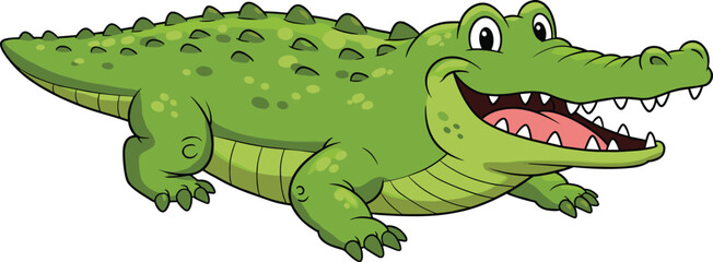 Cute cartoon crocodile, happy alligator character with big smile, funny green reptile illustration, isolated on white, vector clipart for kids, education, design