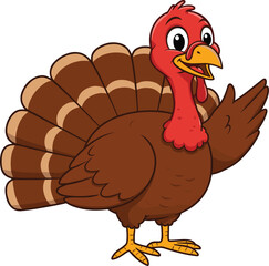 Cute cartoon turkey illustration, thanksgiving bird character, happy smiling turkey, brown feathers, farm animal drawing, festive mascot, holiday clipart, funny poultry, vector animal art