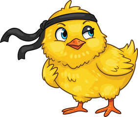 Cute cartoon yellow chick with black ninja headband, confident expression, isolated on white background, adorable baby bird warrior vector illustration, martial arts chicken character
