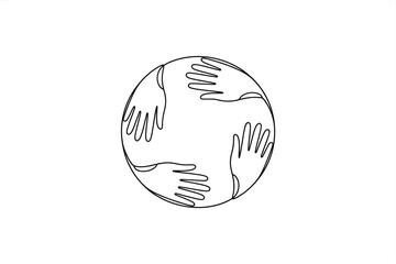 Four hands protecting earth globe continuous line art