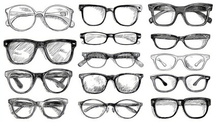 Vector collection of hand-drawn eyeglass frames in sketch style, illustrating different frame designs