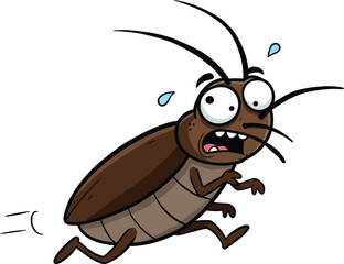 Funny cartoon cockroach running in fear, scared insect character illustration, hilarious bug expression vector image, pest control concept, insect mascot for children education design