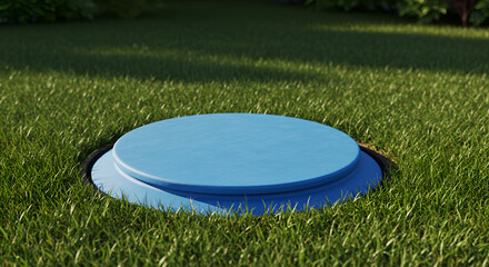 Blue Septic Tank Lid in Grass