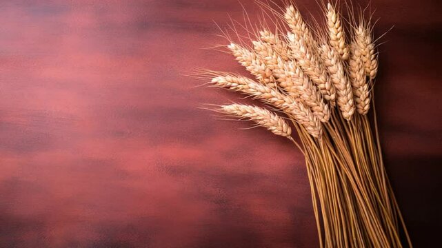 A vibrant arrangement of golden wheat stalks against a rich, textured maroon backdrop