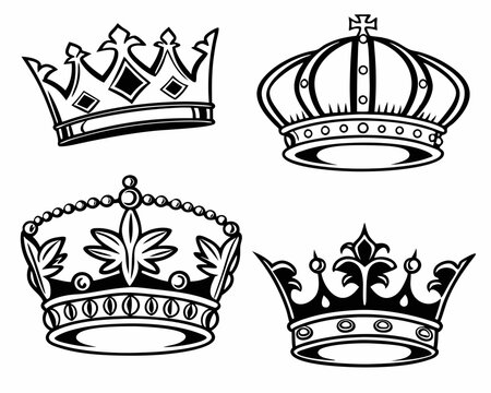 Set of 5 Royal Crown Vector Illustrations &ndash; Black and White Silhouettes in Classic and Modern Styles
