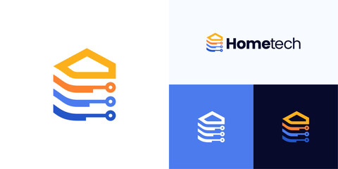 Home with circuit point tech or digital connectivity, logo icon design vector illustration, Symbol house integrated with dot technology for automation, smart security, devices, identity business