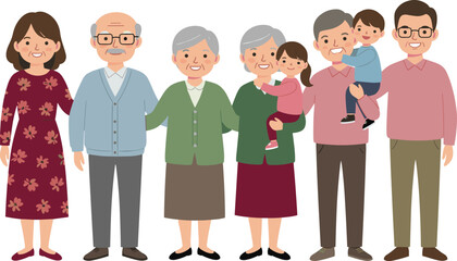 Happy multigenerational family illustration, grandparents with grandchildren, smiling cartoon characters, large extended family portrait, elderly parents, children and grandchildren,