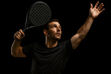 A young adult male, appearing focused and athletic, holds a padel racket overhead, ready to serve, against a black background