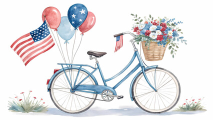 Patriotic bicycle with american flag balloons and flowers for july fourth independence day celebration