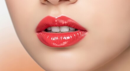 Fototapeta premium Closeup of woman s lips with glossy coral lipstick