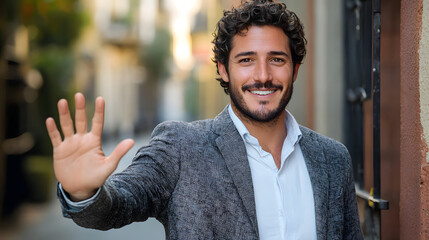 Young handsome bussines man Inviting to enter smiling natural with open hand