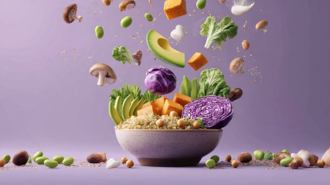 A vibrant bowl of quinoa topped with an assortment of floating vegetables and fruits against a purple background.