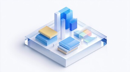Isometric design featuring stacked books and colorful blocks on a transparent base