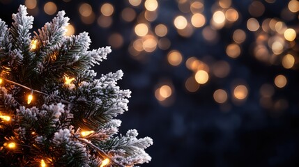 Festive Christmas Tree Branch with Snow and Warm Lights Illuminating a Dark Background