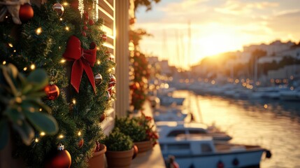 Harbor Christmas Charm: A festive garland with twinkling lights and ornaments adorns a balcony overlooking a picturesque harbor, boats docked against the backdrop of a radiant sunset.