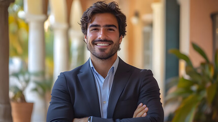 Young handsome bussines man smiling and looking at the camera pointing with two hands