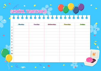Colorful party-themed school timetable with balloons and donuts &ndash; cute weekly planner template for kids. vector illustration.