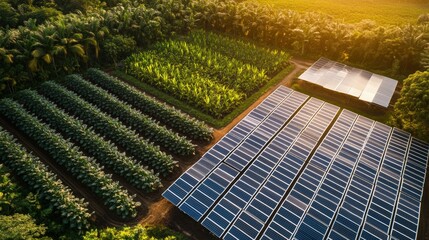Aerial view of a large solar panel farm and cultivated vegetable garden at sunset showcasing renewable energy and sustainable agriculture