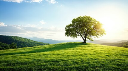 Scenic landscape with lush green grass rolling hills and solitary tree under bright blue sky with sunlight