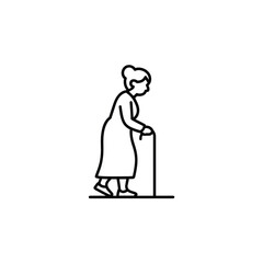 Elderly woman walking with cane line art illustration