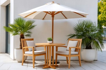 Fototapeta premium Patio furniture set under a parasol creating a relaxing outdoor space