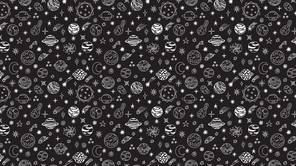 Seamless pattern of planets stars moons and comets on a black background in a doodle style design