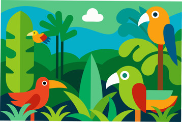 Naklejka premium Vibrant Tropical Birds in Lush Rainforest A Colorful Illustration