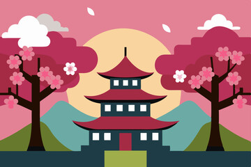 Naklejka premium Serene Asian Temple Landscape Cherry Blossoms and Sunset Serenity