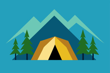 Mountain Camping Adventure Tent in Majestic Peaks Illustration