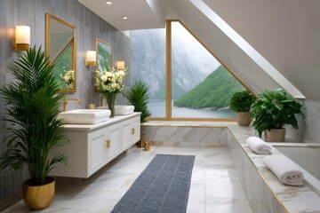 Fototapeta premium Modern bathroom boasting scenic fjord views