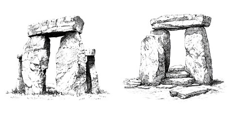 Stone Monuments and Dolmen in Vintage Engraving Style isolated on Transparent Background perfect for Prehistoric or Mythological Themes