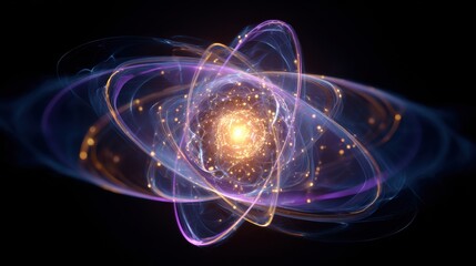 Abstract depiction of an atom with orbiting electrons and a glowing nucleus