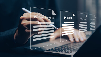 Digital Invoice Management: A hand uses a stylus to interact with glowing virtual invoices on a...