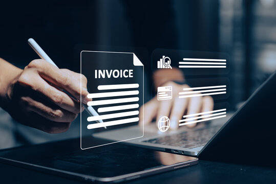 Digital Business Management: Hands interacting with virtual invoice documents and business icons (chart, network, globe) on a laptop, representing efficient online administration, financial processes.