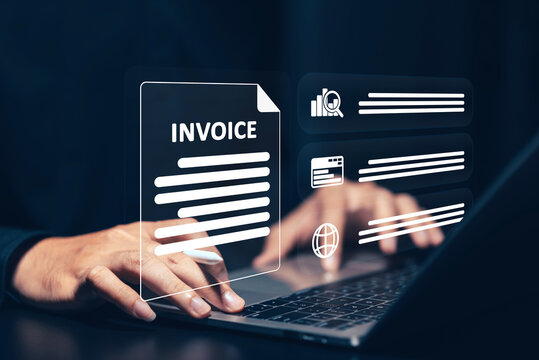 Digital Business Management: Hands interacting with virtual invoice documents and business icons (chart, network, globe) on a laptop, representing efficient online administration, financial processes.
