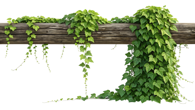 Ivy growing on old wooden log isolated on transparent background - Powered by Adobe