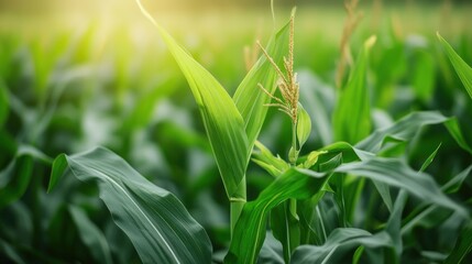 Obraz premium Lush green cornfield with tall stalks, vibrant leaves, and emerging corn ears under bright sunlight