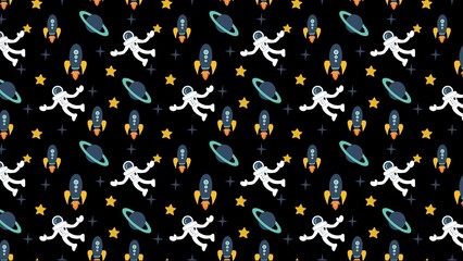Seamless space pattern featuring astronauts rockets planets and stars on a black background art design