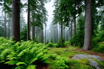 Obraz premium Lush green ferns growing in foggy forest landscape