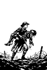 Wartime Nurse Carrying Wounded Soldier – Heroic Rescue Scene Illustration