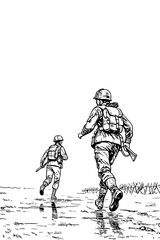 Two Soldiers Advancing on Battlefield – War Motion Scene from Behind