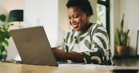Happy, woman and remote work with laptop, home and review of financial report on website and...