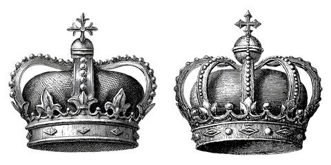 Royal Crowns in Vintage Engraving Style isolated on Transparent Background perfect for Monarchy and Regal Design