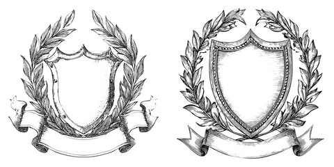 Blank Heraldic Shields with Laurel in Vintage Engraving Style isolated on Transparent Background perfect for Coat of Arms Templates