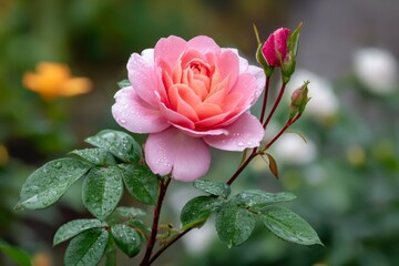 Fototapeta premium Pink rose blooming in the garden after the rain